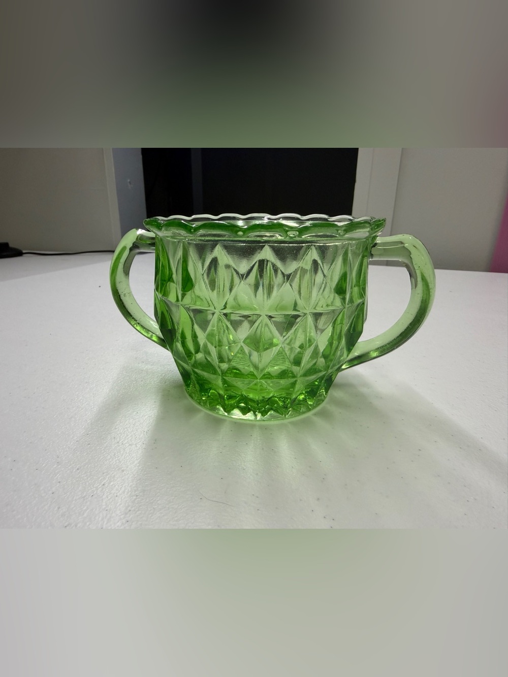 Vintage Green Depression Glass Open Sugar Bowl Double Handle Pressed Scalloped